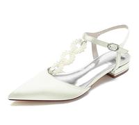 WSMYBLQ Women's Satin Wedding Shoes T-Strap Low Heel Pointed Toe Evening Dress Shoes, ivory white, 9.5 UK