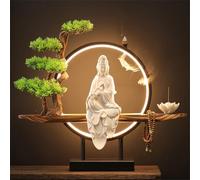 WSNCXFW Ceramic Kwan Yin Buddha Incense Burner, Chinese Backflow Incense Burner Holder with LED Light,Bonsai Tree Decorative Buddha Figurine,for Home Office Decor,B