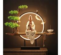 WSNCXFW Ceramic Kwan Yin Buddha Incense Burner, Chinese Backflow Incense Burner Holder with LED Light,Bonsai Tree Decorative Buddha Figurine,for Home Office Decor,E