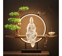 WSNCXFW Ceramic Kwan Yin Buddha Incense Burner, Chinese Backflow Incense Burner Holder with LED Light,Bonsai Tree Decorative Buddha Figurine,for Home Office Decor,D