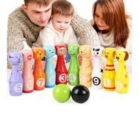 WSNDM Wooden Bowling Set Skittles Toys with 10 Animal and 3 Balls for Toddlers Boys Girls, Wooden Skittle Set with Facial Emotions and Numbers, Educational Bowling, Fun Gifts for Kids