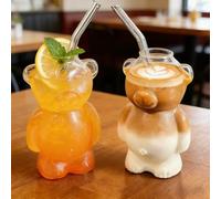 Wsndyjia Cute Bear Glass Straw Cup, Honey Little Bear Straw Cup, Cute Coffee Cup with Straw 12oz, Home & Bar Glassware for Cocktails, Wine, Kitchen, Restaurant or Party Use