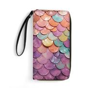 WSOIHFEC Mermaid Scales Background Wallet for Men Slim RFID Blocking,Travel Long Purse Large Capacity Clutch with Zipper,Hand Strap