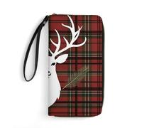 WSOIHFEC Merry Christmas Reindeer Tartan Checkered Plaid Xmas Wallet for Men Slim RFID Blocking,Travel Long Purse Large Capacity Clutch with Zipper,Hand Strap
