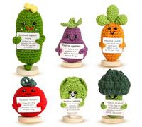Wsomeso Funny Emotional Support Pickle Crochet Doll with Wooden Base,6PCS Cute Knitted Wool Positive Crochet Animals,Emotional Support Plush Gifts for Women,Perfect Christmas or Birthday Cheer