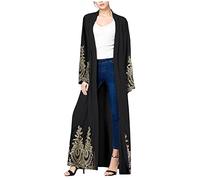WSPLYSPJY Embroidered Women Open Abaya Muslim Dress Islamic Cardigan Dubai Kaftan Robe, Gold Black, Large