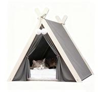 WSPWFQ Cat Teepee Tent with Cushion, House for Indoor Cats and Small Dogs, Portable Folding Tent with Wooden Frame, Washable and Breathable Pet Bed All Year Round (Gray)