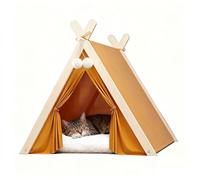 WSPWFQ Teepee Tent for Cats with Cushion, House for Indoor Cats and Small Dogs, Portable Folding Tent with Wooden Frame, Washable and Breathable Pet Bed All Year Round (Yellow)