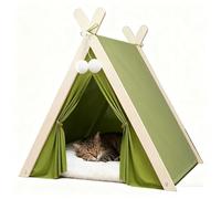 WSPWFQ Teepee Tent for Cats with Cushion, House for Indoor Cats and Small Dogs, Portable Folding Tent with Wooden Frame, Washable and Breathable Pet Bed All Year Round (Green)