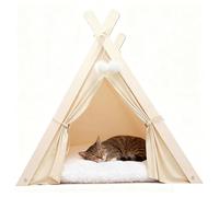 WSPWFQ Teepee Tent for Cats with Cushion, Indoor Cat House and Small Dogs, Portable Folding Tent with Wooden Frame, Washable and Breathable Pet Bed All Year Round (Off-White)