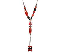 WSQHAO 2Pcs Handmade Ceramic Necklace For Women Ethnic Style Vintage Long Pendant Adjustable Red Black Beaded Jewelry for Women(Color2)