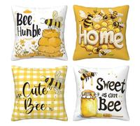 Wsradto Bee Decor Pillow Covers Honey and Bee Summer Decorative Outdoor Throw Pillow Covers Farmhouse Yellow Stripes Cushion Set of 4 for Sofa Couch Outdoor Home Room 16"X16"