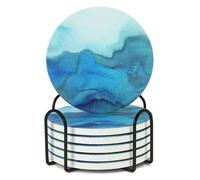 WSRY-Home Ceramic Coasters Set of 6,Absorbent Drink Coaster with Holder,Cork Base,Suitable for All Kinds of Mugs Glasses Cups,Marble Coasters Blue