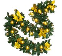 wsryx Artificial Christmas Garland, 270cm(9ft) Battery Operated Xmas Garland Wreaths Greenery with Lights, Gold and Red, Cascade Shape, Artificial Fabric