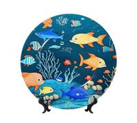 WSSYYBF Blue Underwater World of Fish Bone China Decorative Plate10in Ceramic Art Plates with Display Stand for Home, Kitchen, Wall Or Table Decor