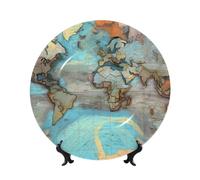 WSSYYBF Cartoon World map Bone China Decorative Plate7in Ceramic Art Plates with Display Stand for Home, Kitchen, Wall Or Table Decor