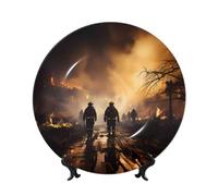 WSSYYBF Firefighters Fighting Fires Bone China Decorative Plate6in Ceramic Art Plates with Display Stand for Home, Kitchen, Wall Or Table Decor
