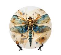 WSSYYBF Golden Delicate Dragonfly on Yellow Background Bone China Decorative Plate6in Ceramic Art Plates with Display Stand for Home, Kitchen, Wall Or Table Decor