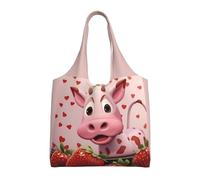 WSSYYBF Pink Cow with Strawberries Canvas Tote Bag, Polyester Shopping Tote, Large Capacity