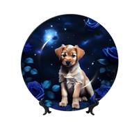 WSSYYBF Puppy Blue Rose Bone China Decorative Plate10in Ceramic Art Plates with Display Stand for Home, Kitchen, Wall Or Table Decor