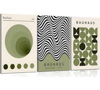 WSTUKVV 3Pcs Bauhaus Mid Century Modern Canvas Wall Art Bauhaus 1923 Posters Pictures Green Boho Abstract Geometric Prints Black Line Paintings for Living Room Bedroom Dining Room Wall Decor Framed