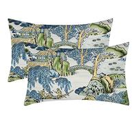 Wsunsal Chinoiserie Cushion Covers, 30.5 x 50.8 cm, Asian Scenic Blue and Green, Throw Pillow, Farmhouse Chinoiserie, Decorative Cushion Cover, Linen Cushion Cover for Home, Bedroom, Outdoor