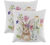 Wsunsal Spring Easter Pillow Covers 16x16 Inch Set of 2, Rustic Easter Bunny Decorative Throw Pillows Holiday Watercolor Rabbit Floral Square Cushion Cover Pillowcase for Home Couch Sofa Bedding