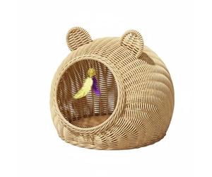 Wswqop Cat Sleeping Basket Semi-Enclosed Rattan Hideaway Woven Cooling Pet Bed Spacious Interior Suitable for Living Room Bedroom Decor, Natural, Medium 42 42 35cm, For Pets Under 10 Catties