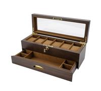 Wswqop Double Layer Storage Case Jewelry Box Organizer Display Box with Lockable Clear Lid Wooden MDF Construction with Glass Window and Soft Interior Lining, 6-Slot, Double-Layer, Black Walnut Grain