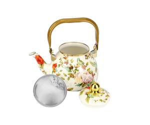 Wswqop Enamel Heating Kettle Teapot Kettle Infuser Pot Covered Kettle Removable Strainer Ceramic Enamel Finish Gold Tone Knob Comfortable Grip Handle and, Array, Birds and Flowers, 1.2L