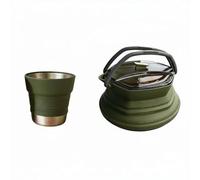 Wswqop Foldable Silicone Kettle Food-Grade Travel Mug Set With Large Capacity Stainless Steel Base And Secure Lid Suitable for Camping Expeditions Hiking Traveling, Dark Green