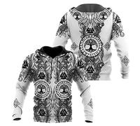 WSXJJ 3D Viking Odin Tattoo Hoodie Long Sleeve Sweatshirt, Nordic Men's Casual Pullover Jacket Scandinavian Clothing,White Yggdrasil Hoodie,XL