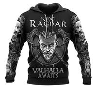 WSXJJ Viking Tattoo Valhalla Skull Sweatshirt Nordic Mythology Print Warrior Hoodie Men Retro Jacket Shirt Pullover,King Ragnar Hoodie,4XL