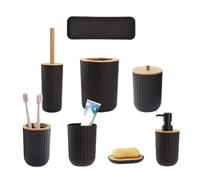 WSYJWEX Plastic Bathroom Accessory Set with Bamboo Lid Bathroom Bin and Toilet Brush Set Toothbrush Holder Soap Dispenser Bath Gift 8PcsBathroom
