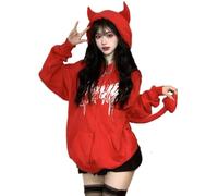 WSZJLN Autumn Harajuku Hoodies Women Gothic Punk Devil Horn Hooded Sweatshirt Halloween Couple Matching Detachable Tail Zip-Up Outwear-Red-L