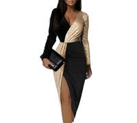 WSZJLN Black Gold Sequins Patchwork Long Sleeve Prom Slit Dress Luxury High Waist Party Evening Midi Dresses for Women-Black Golden-2XL