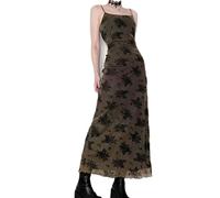 WSZJLN Gothic Floral Print Slip Mesh Dress Long Ladies Fashion Chic Y2K Double Layer Sexy Maxi Dresses 90s Aesthetic-Black,M
