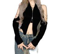 WSZJLN Open Shoulder Gothic Chain Blouses Zip Patchwork Black Women T-shirts Sexy Long Sleeve Streetwear Crop Tops
