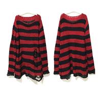 WSZJLN Punk Gothic Long Unisex Sweater Summer Women Striped Cool Hollow Out Hole Broken Jumper Loose Rock Thin Dark Streetwear Top-Red,One Size