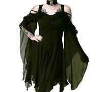 WSZJLN Retro Gothic Witch Sexy Dress Women Hollow Out Lace Up High Waist Ruffle Bat Sleeve Dress Off Shoulder Goth Midi Irregular Dress-Green,5XL