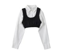 WSZJLN Retro polo lapel long-sleeved shirt + stacked knitted vest two-piece set autumn-black-S