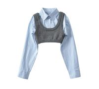 WSZJLN Retro polo lapel long-sleeved shirt + stacked knitted vest two-piece set autumn-grey-S