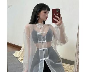 WSZJLN Transparent Blouse Women Korean Fashion White Oversized Shirt Mesh Tops Long Sleeve Chic Beautiful Sexy Summer 2023 Female-White-L