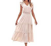 WSZJLN Women Solid Long Dresses Summer Casual Ruffle Sleeve V Neck Ruffles Dress Female Elastic Waist Beach Party Maxi Dresses Robe-White,M