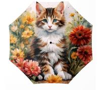 WSZYNDF Small Cute Cat and Flowers Pattern Travel Automatic Folding Umbrella for Girl and Women, Rain and Wind, Portable Compact UV Sun Shade