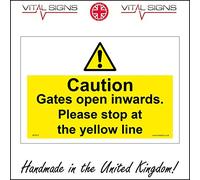 WT028 Caution Gates Open Inwards Please Stop At The Yellow Line Sign Site Work 300mm x 200mm Magnetic - Vehicle Grade