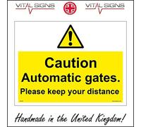 WT045 Caution Automatic Gates Sign Military Police Hotels Electric Car Park 200mm x 150mm Sticker/Sav - White Background