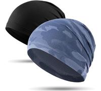 WTACTFUL Cooling Skull Cap for Men Breathable Sweat Hat Running Caps Skull Caps Thin Slouchy Beanie for Cycling Motorcycle Football Workout Helmet Hard Hat Liner Summer 2-Pack Black Camouflage Blue