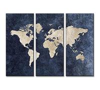 WTEVMAIY 3 Pcs Set Abstract Navy Blue World Map Canvas Print Painting Modern Posters Prints Wall Pictures For Living Room Office Room Decorative Frameless 50×100cm×3pcs