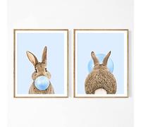 WTEVMAIY Rabbit Bubble Gum Art Poster Prints Blue Pink Nursery Wall Art Canvas Paintings Wall Picture Baby Animals Bunny Nursery Decor Frameless 30×40cm×2pcs
